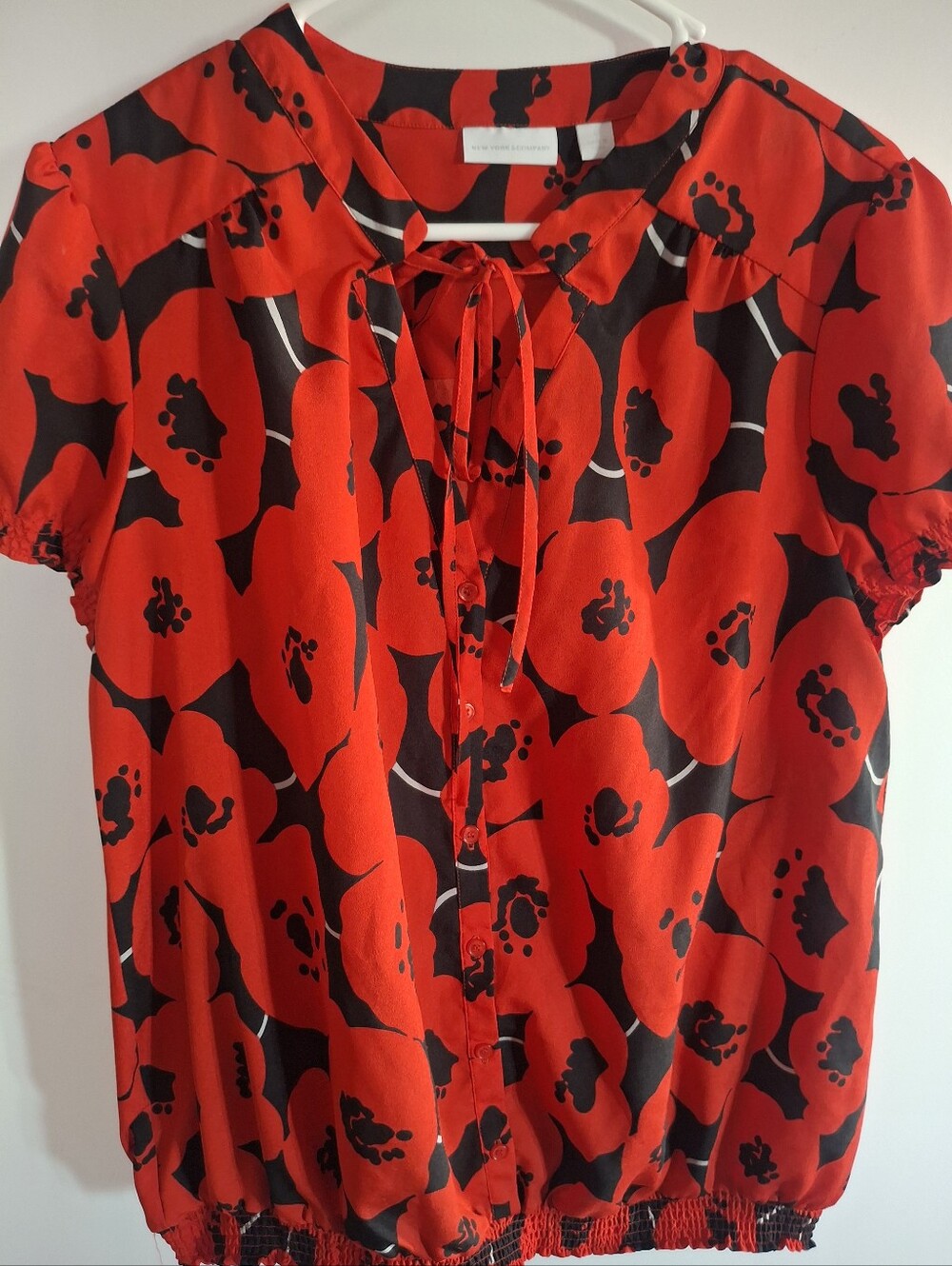 New York & Company Red and Black Floral Tie-Neck Blouse